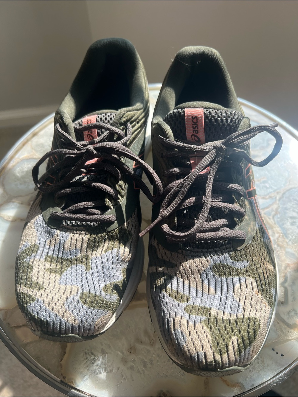 Asics Gel Pulse-11 Camo Knit Running Shoes in Olive, Beige, and Pink Accent